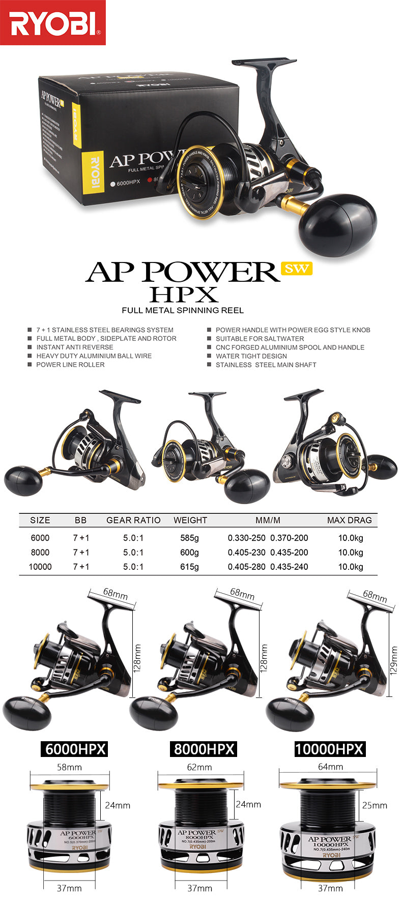 AP POWER SW Spinning Fishing Reels 6000/8000/10000 Gear Ratio 5.0:1