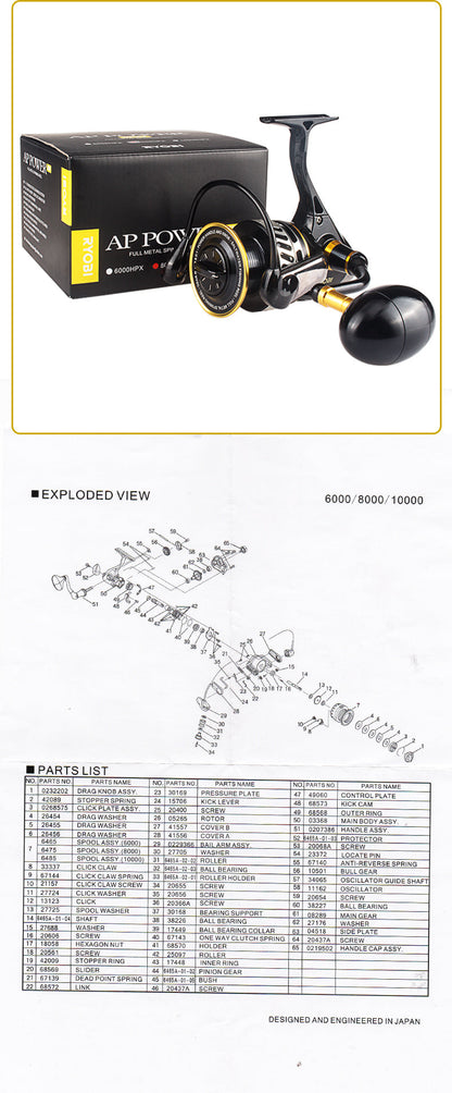 AP POWER SW Spinning Fishing Reels 6000/8000/10000 Gear Ratio 5.0:1